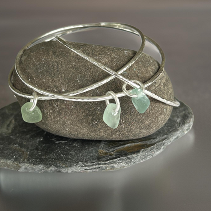 Silver Trio Interlinked Bangle With Sea Glass Charms - Silver Lines Jewellery