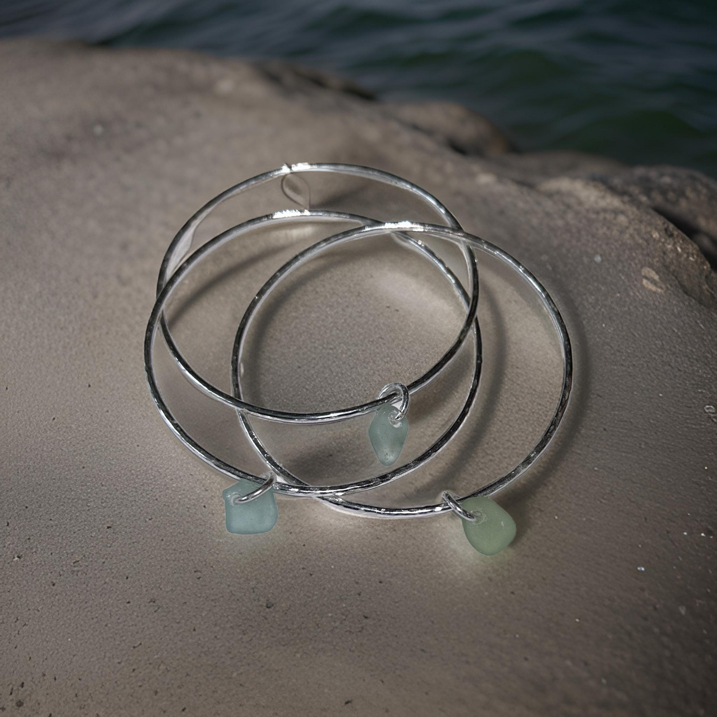 Silver Trio Interlinked Bangle With Sea Glass Charms - Silver Lines Jewellery