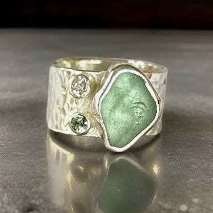 Silver Ring With Sea Glass Diamond And Green Sapphire.