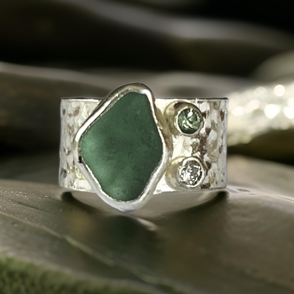 Silver Ring With Sea Glass Diamond And Green Sapphire.