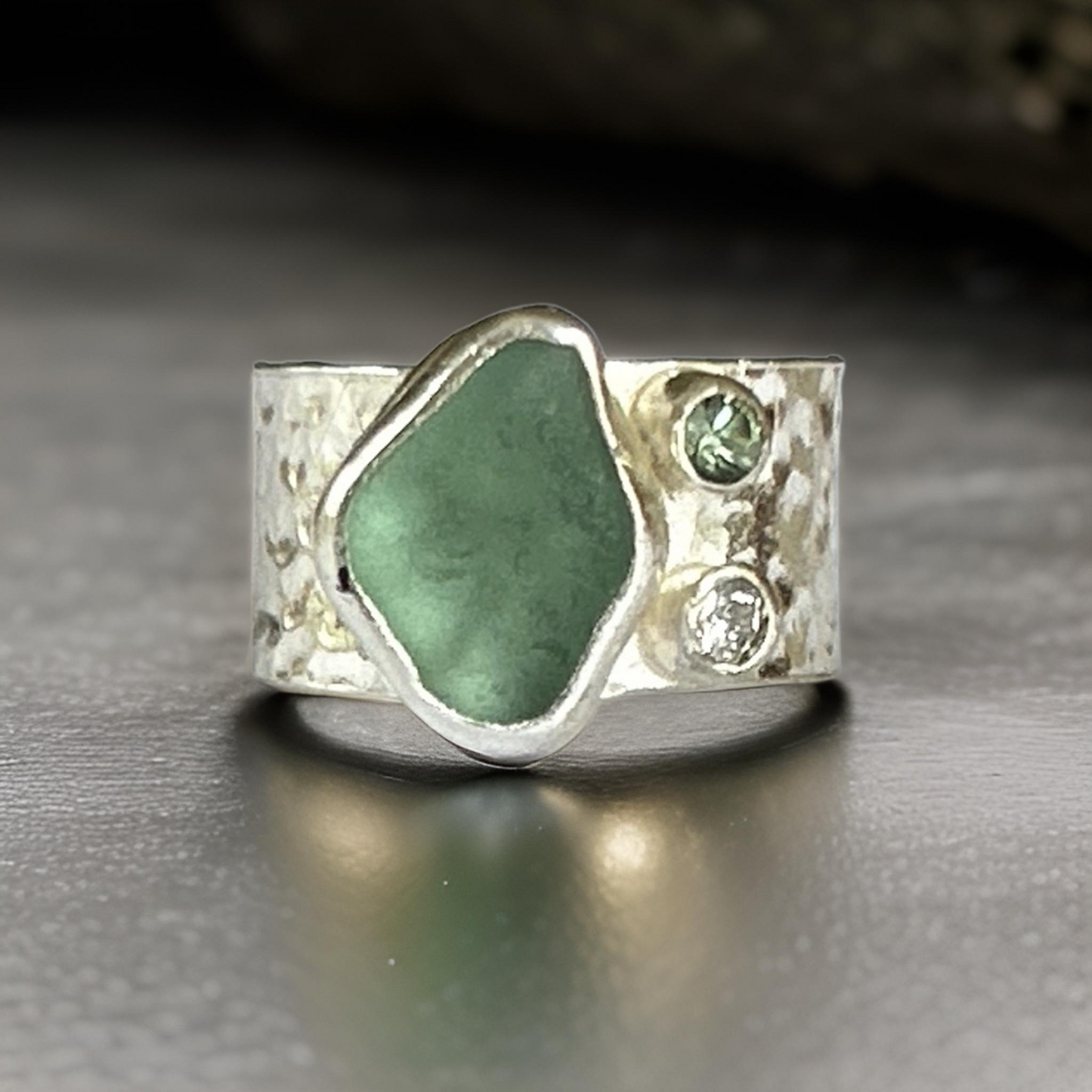 Silver Ring With Sea Glass Diamond And Green Sapphire.