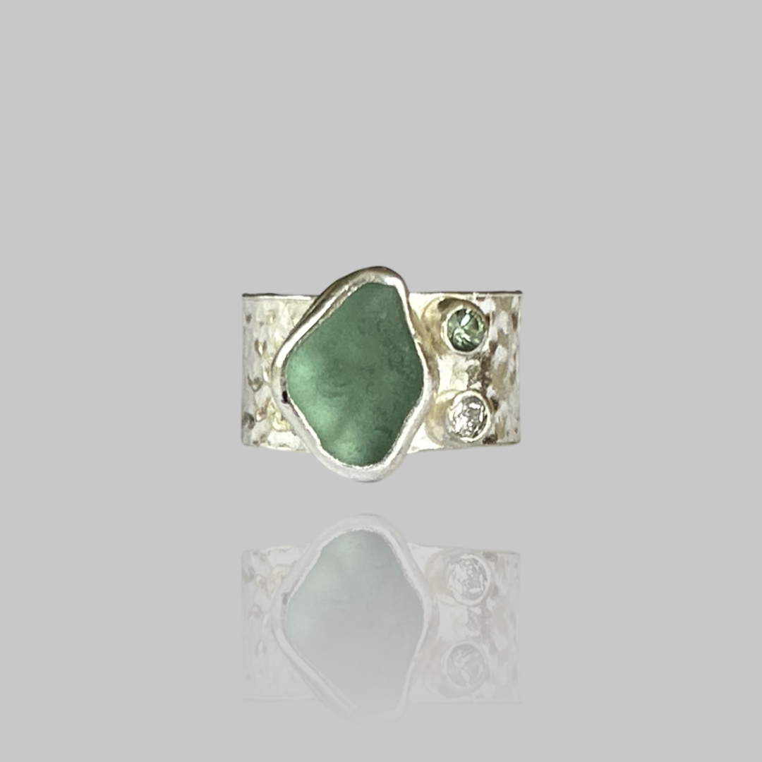 Silver Ring With Sea Glass Diamond And Green Sapphire.