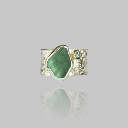 Silver Ring With Sea Glass Diamond And Green Sapphire.