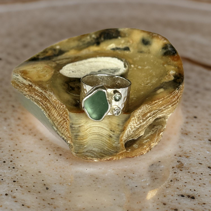 Silver Ring With Sea Glass Diamond And Green Sapphire.