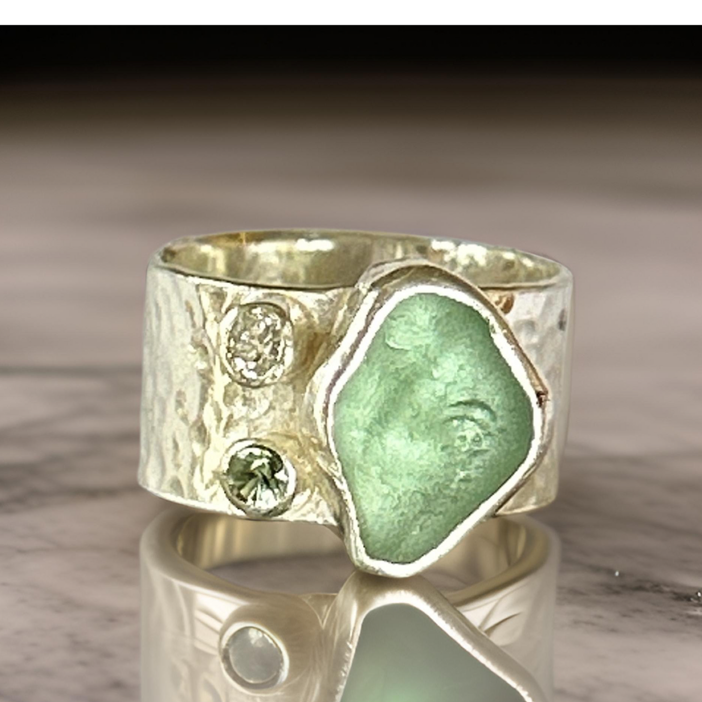 Silver Ring With Sea Glass Diamond And Green Sapphire.