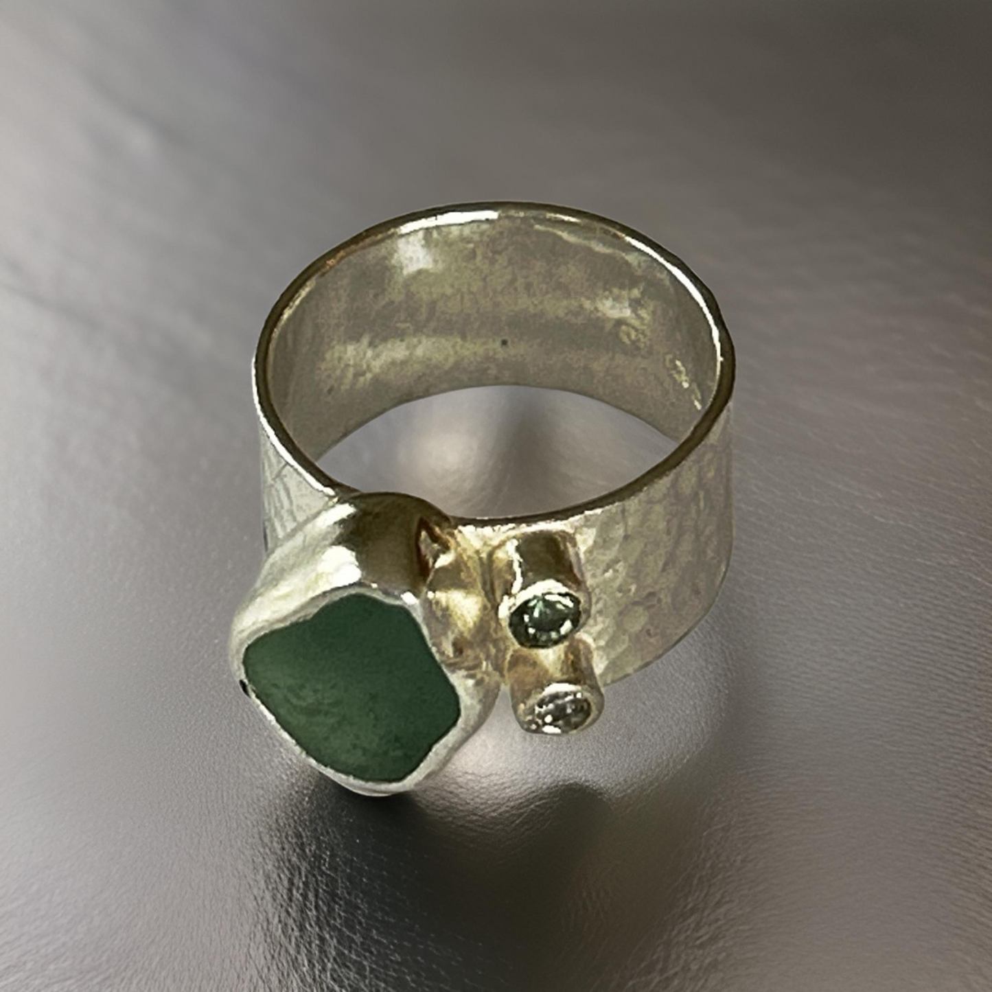 Silver Ring With Sea Glass Diamond And Green Sapphire.